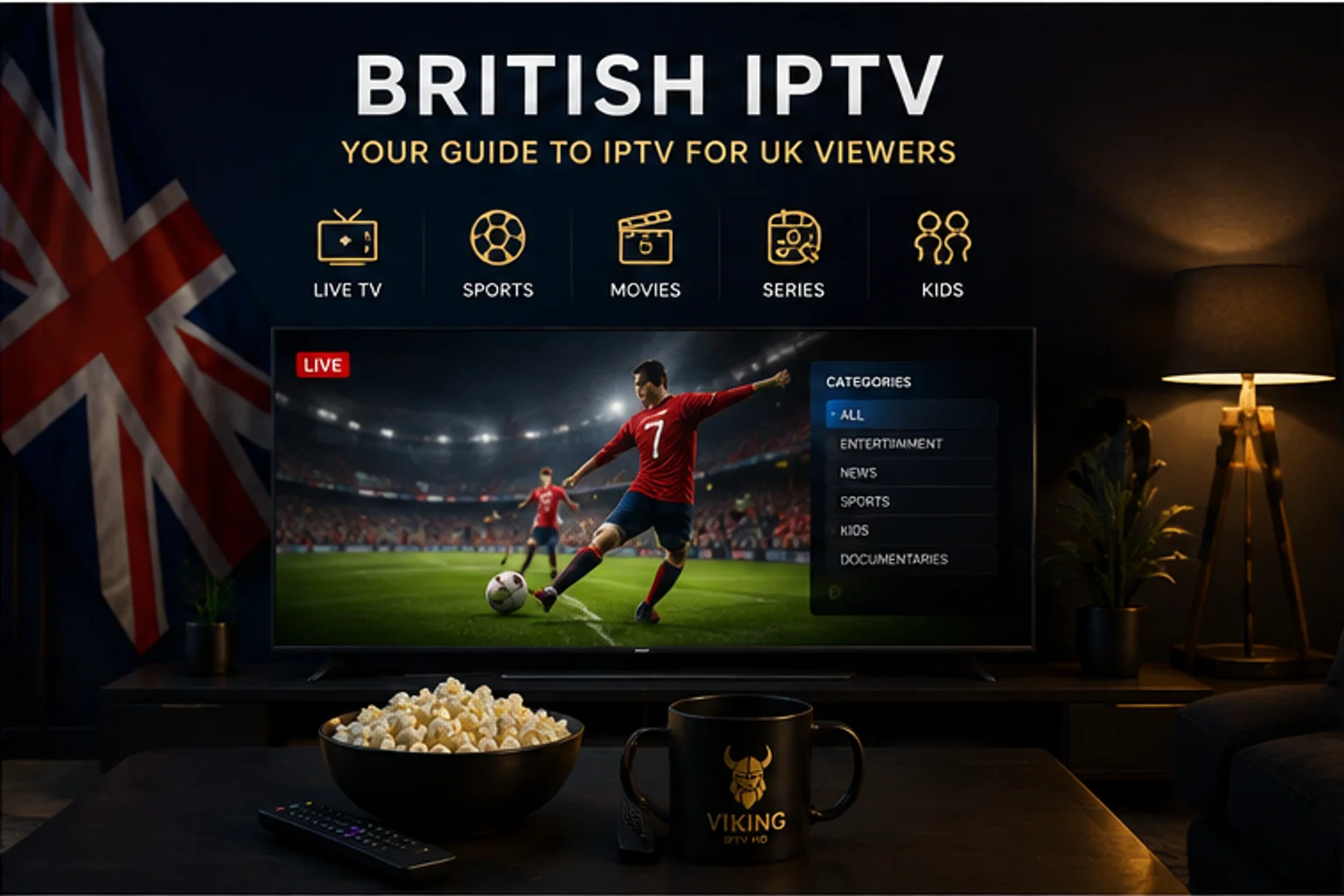British IPTV streaming setup with UK-inspired entertainment scene