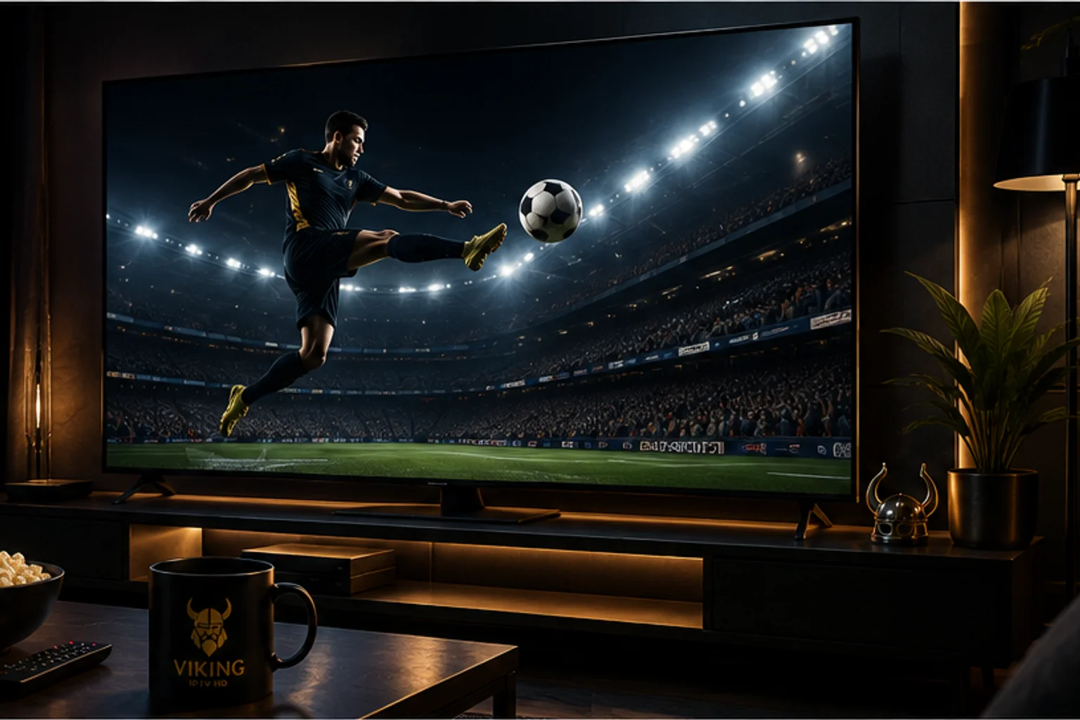 IPTV sports streaming setup with live football on a large screen