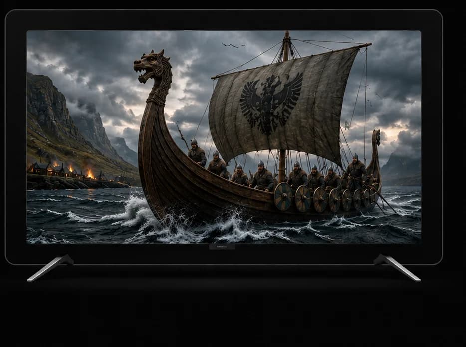 Viking longship displayed on a TV in HD and 4K streaming quality